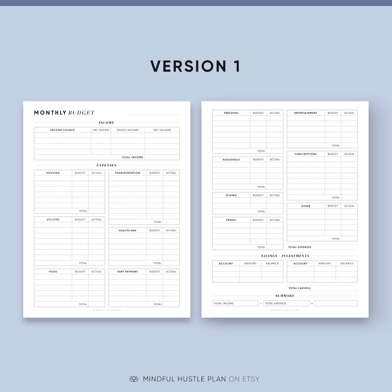 May include: A printable monthly budget planner with sections for income, expenses, savings, and investments. The planner includes categories for personal, household, giving, travel, entertainment, subscriptions, and other expenses. The planner also includes a summary section for total income, total expenses, and net worth.