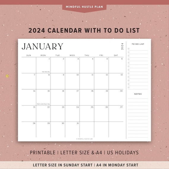 2024 Printable Calendar With to Do List and Notes Section, US Holidays, Desk Calendar, Letter Size, A4, Monday & Sunday Start, by Month - Etsy 2024 Printable Calendar With to Do List and Notes Section, US Holidays, Desk Calendar, Letter Size, A4, Monday & Sunday Start, by Month - Etsy