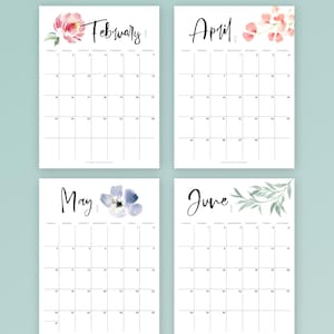 2026 Calendar Printable, Monthly Calendar PDF, Digital Flowers Watercolor, Floral Botanical, Wall, Letter Size A4, By month, Vertical Layout image 2