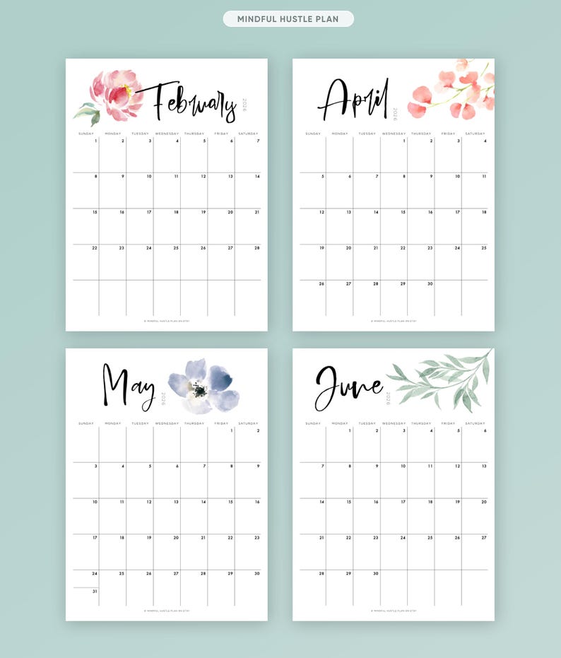 2026 Calendar Printable, Monthly Calendar PDF, Digital Flowers Watercolor, Floral Botanical, Wall, Letter Size A4, By month, Vertical Layout image 2