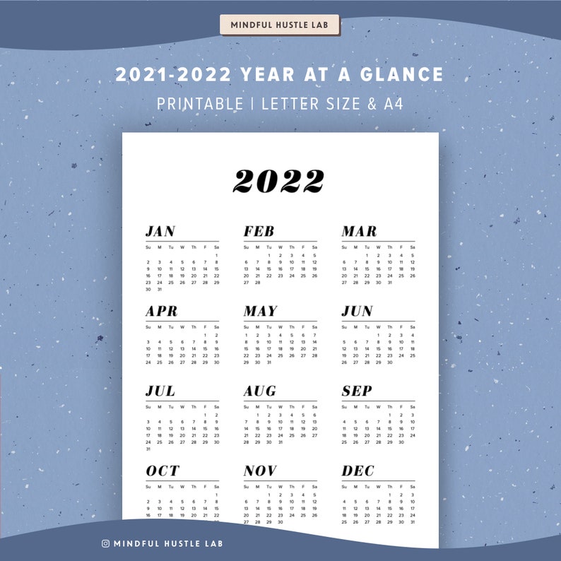 2021 2022 year at a glance calendar printable yearly agenda etsy