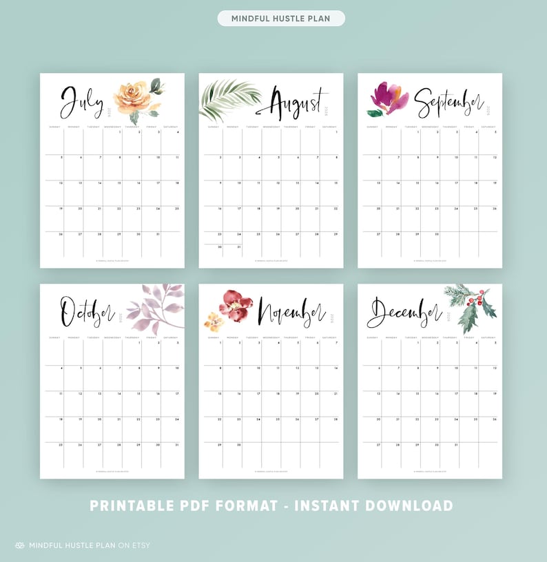 2026 Calendar Printable, Monthly Calendar PDF, Digital Flowers Watercolor, Floral Botanical, Wall, Letter Size A4, By month, Vertical Layout image 4
