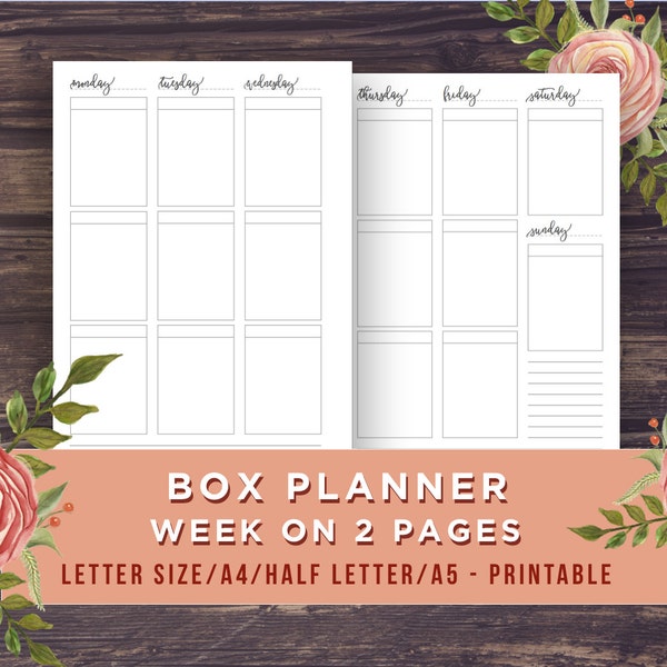 BOX PLANNER printable, filofax A5, Half Letter Size, A4, Letter, Vertical Weekly Planner inserts, Full Box Size, Fits Erin Condren Stickers