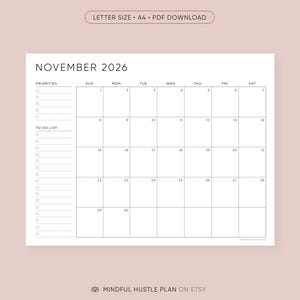 2026 Printable Calendar with To Do List, Desk Calendar, PDF, Letter Size, A4, Monday & Sunday Start, Monthly Calendars, Downloadable, Goals image 3