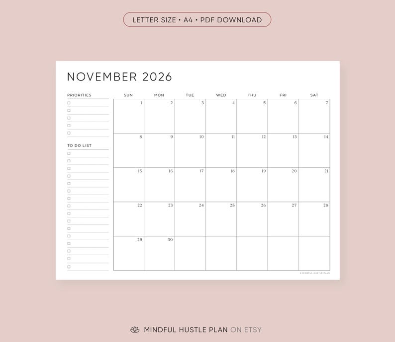 2026 Printable Calendar with To Do List, Desk Calendar, PDF, Letter Size, A4, Monday & Sunday Start, Monthly Calendars, Downloadable, Goals image 3