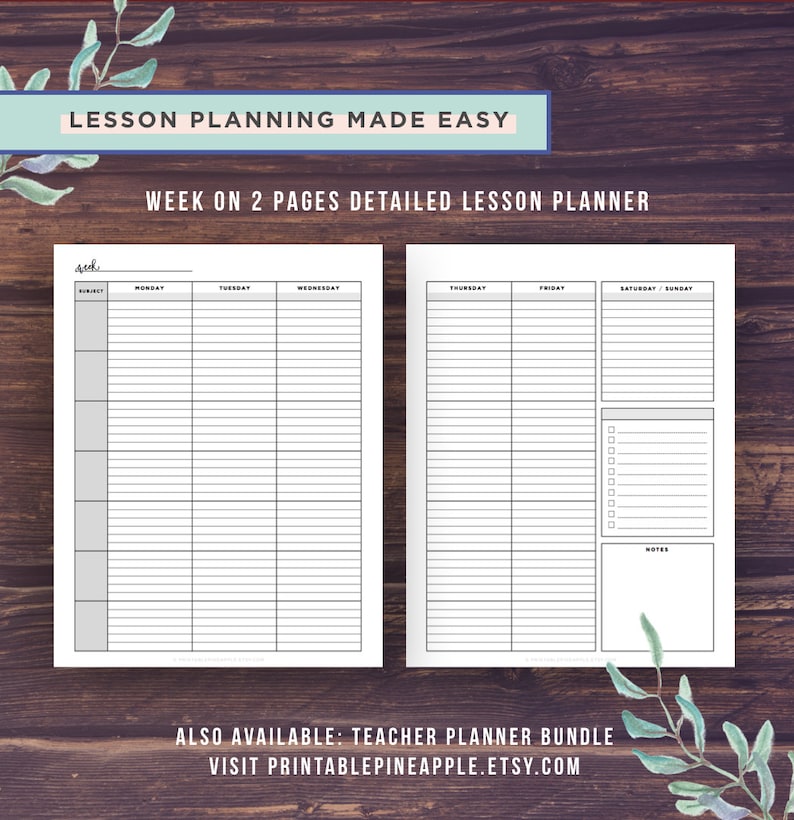 May include: A printable lesson planner template for teachers. The planner is designed to be used for a week and is divided into two pages. The first page has columns for Monday through Wednesday, and the second page has columns for Thursday through Sunday. The planner includes space for subject, period, and notes.