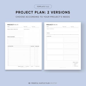 May include: Two printable project plan templates with a grid layout. The first template includes sections for project goals, milestones, and action steps. The second template includes sections for project description, timeline, and action steps. Both templates include a project status section with options for planning, draft, and completed.
