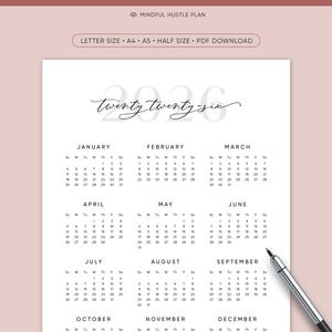 2026 Calendar Printable, Desk Calendar, Year At-A-Glance Yearly, Calligraphy Minimalist, Wall, PDF Download, A5, A4, Letter Size 8.5 x 11 image 2