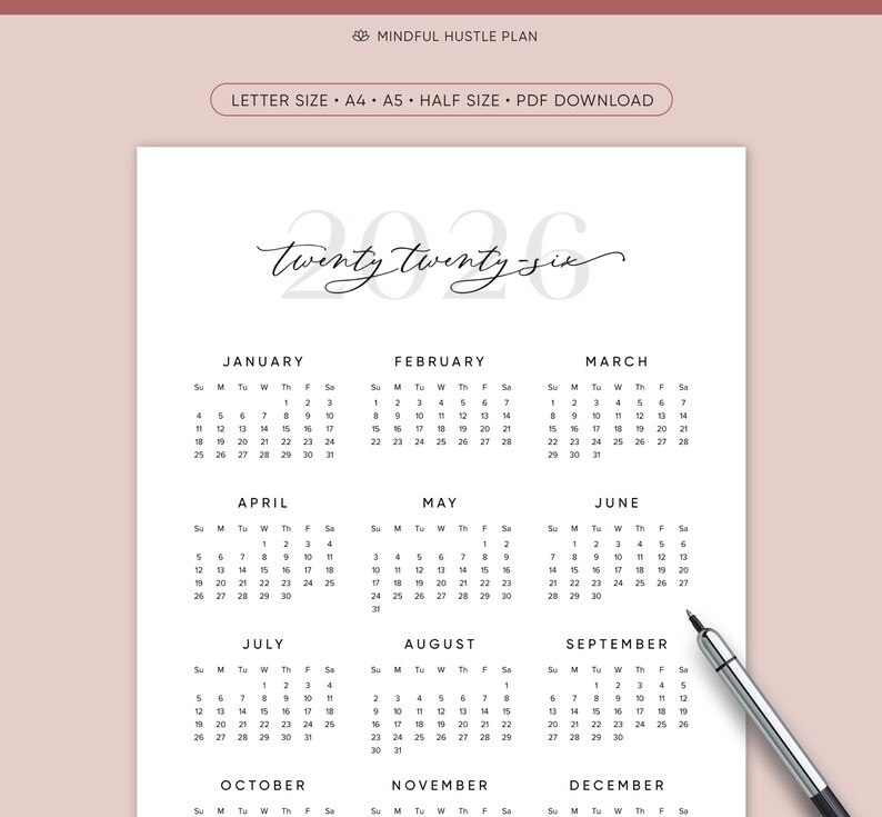 2026 Calendar Printable, Desk Calendar, Year At-A-Glance Yearly, Calligraphy Minimalist, Wall, PDF Download, A5, A4, Letter Size 8.5 x 11 image 2