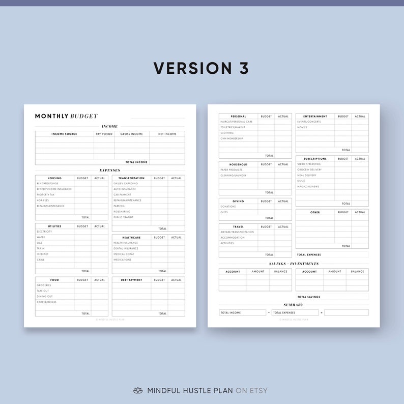 May include: A printable monthly budget planner with sections for income, expenses, savings, and investments. The planner is designed in a minimalist style with black text on a white background.
