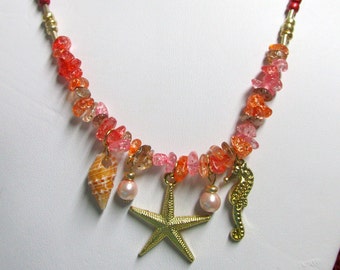 Handmade Beach Themed Necklace, Coral, Spring colors, Gold Tone chain, One of a kind,  Starfish, Sea Horse, Shells and Pearls