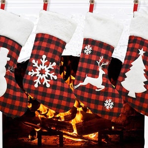 Black and Red Buffalo Plaid Christmas Stockings,  Personalized with name