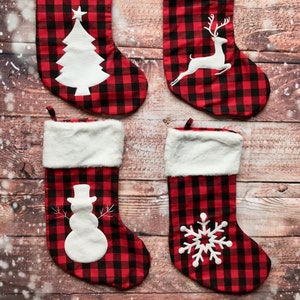 Buffalo Plaid Christmas Stocking, White Faux Fur Cuff and Sherpa, Personalized