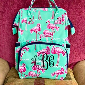 Flamingo Diaper Bag Backpack, Personalized for Baby, Nappy Bag, Stroller strap loops, Insulated