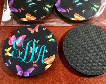Personalized Car Cup Holder Coasters, Rainbow Butterflies neoprene drink coaster set for automobiles
