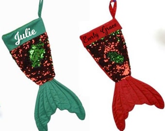 Mermaid Christmas Stocking for little girls, Personalized Holiday Decoration, Reversible sequins for changing colors, Unique for fun