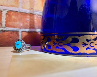 You're a Queen Strong and Beautiful - Vintage Style Genuine Persian Turquoise Ring w/ Black Sparkling Crystals Sterling Silver