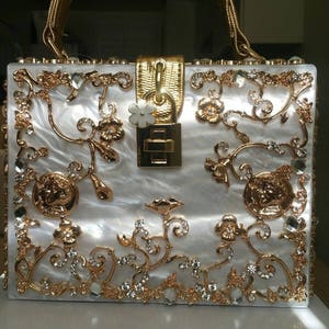 Classy and Elegant Victorian Style Marble Design HandBag - White/Gold Embroidery Also in Black, Red, Gold, Pink, Fuschia(DarkPink), Lt. Blue
