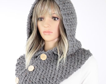 Amelia Hooded Cowl Pattern #809, Crochet Hooded Scarf Pattern with Buttons, Crochet Cowl Pattern, DIY Hooded Scarf Pattern PDF Download