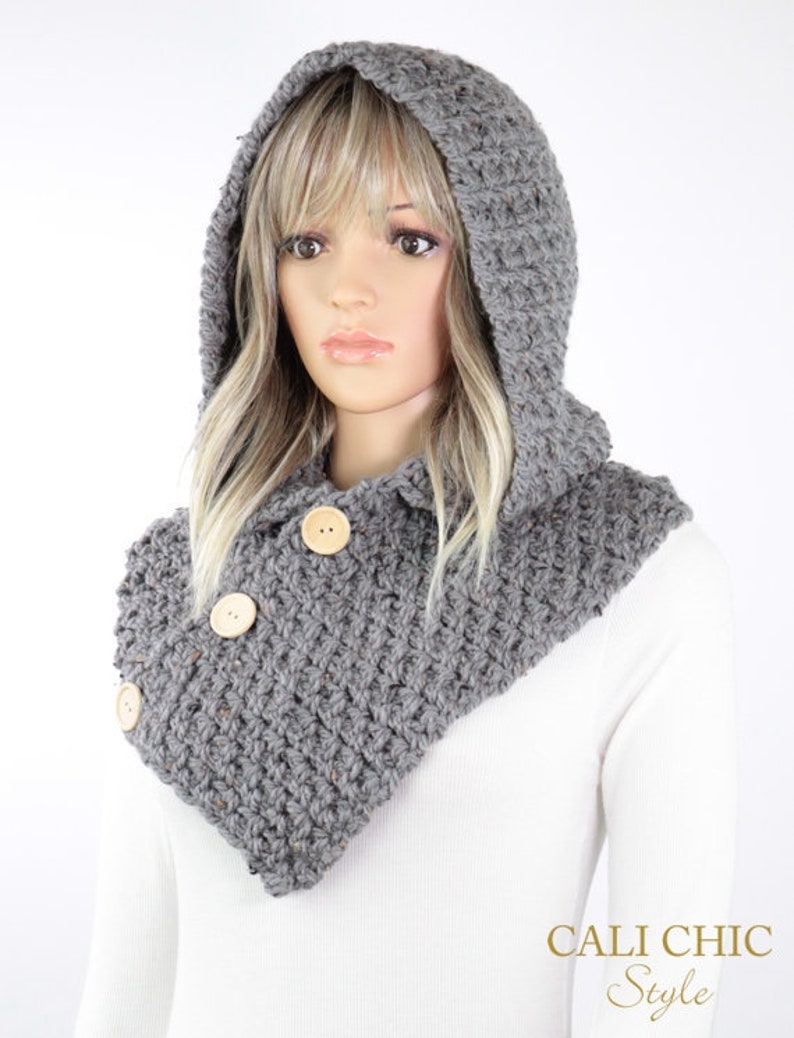 Amelia Hooded Cowl Pattern 809, Crochet Hooded Scarf Pattern with Buttons, Crochet Cowl Pattern, DIY Hooded Scarf Pattern PDF Download image 1