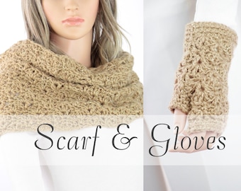 Pattern SET: Elaine Crochet Infinity Hood Scarf #808S & Elaine Fingerless Gloves #808G - Two PATTERNS Set