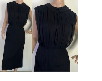 SALE! Vintage 1950s peter pan black chiffon wiggle dress small 223