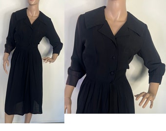 SALE! vintage 1950s black rayon crepe pleated dress small 246