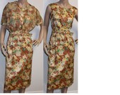 SALE Vintage 1950s brown floral Toni Todd rhinestone party dress w jacket large 339