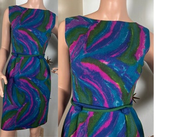 Vintage 1960s Jane Stevens purple rainbow wool wiggle dress XS 220