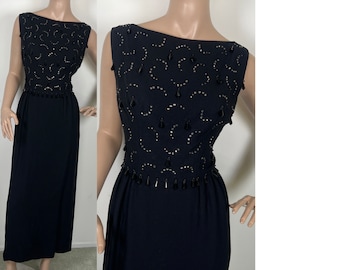 Vintage 1950s black crepe rhinestone cocktail dress medium 230