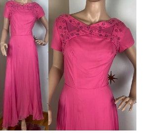 CLEARANCE! Vintage 1960s hot pink chiffon rhinestone evening gown dress small 242
