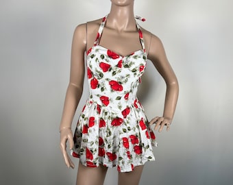 Vintage 1950s SLIX Playsuit Beach Set / 50s Floral Red POPPY Print Skirted Romper Halter Top Sweetheart Bust Swim Suit Dress Pinup XS 418