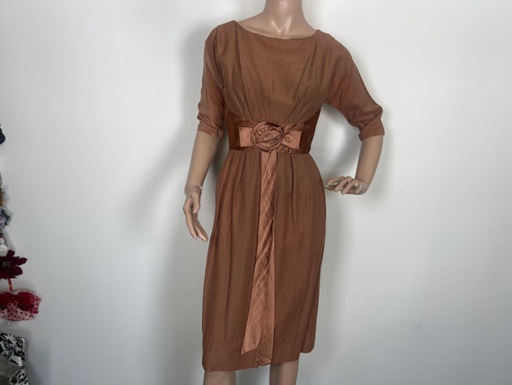 Vintage 1960s light brown dolman wiggle dress sma… - image 2