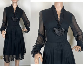 Vintage 1960s black chiffon ross bergo designer cocktail dress medium 212