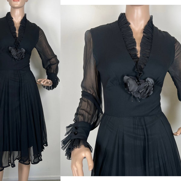 Vintage 1960s black chiffon ross bergo designer cocktail dress medium 212