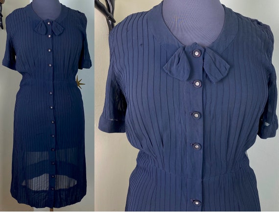 Vintage 1940s VOLUP navy blue sheer rayon rhinesto