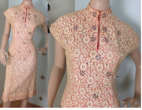 SALE! Vintage 1950s pink lace taffeta rhinestone w