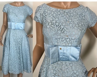 SALE! Vintage 1950s light blue lace taffeta cocktail party dress small 338