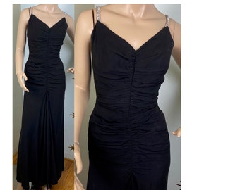 SALE! Vintage 1950s Lee Claire black ruched rhinestone gown cocktail dress small 215