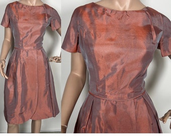 SALE! Vintage 1950s copper shark skin taffeta party dress medium 334