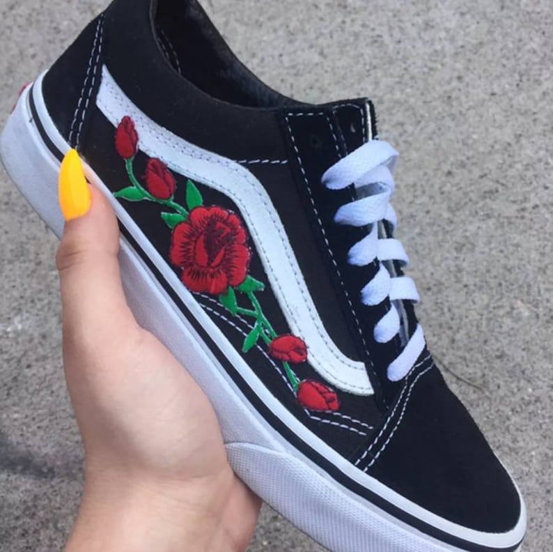 Red ROSE EMBROIDERED Old Skool Vans Off the Wall Sneakers New | Etsy