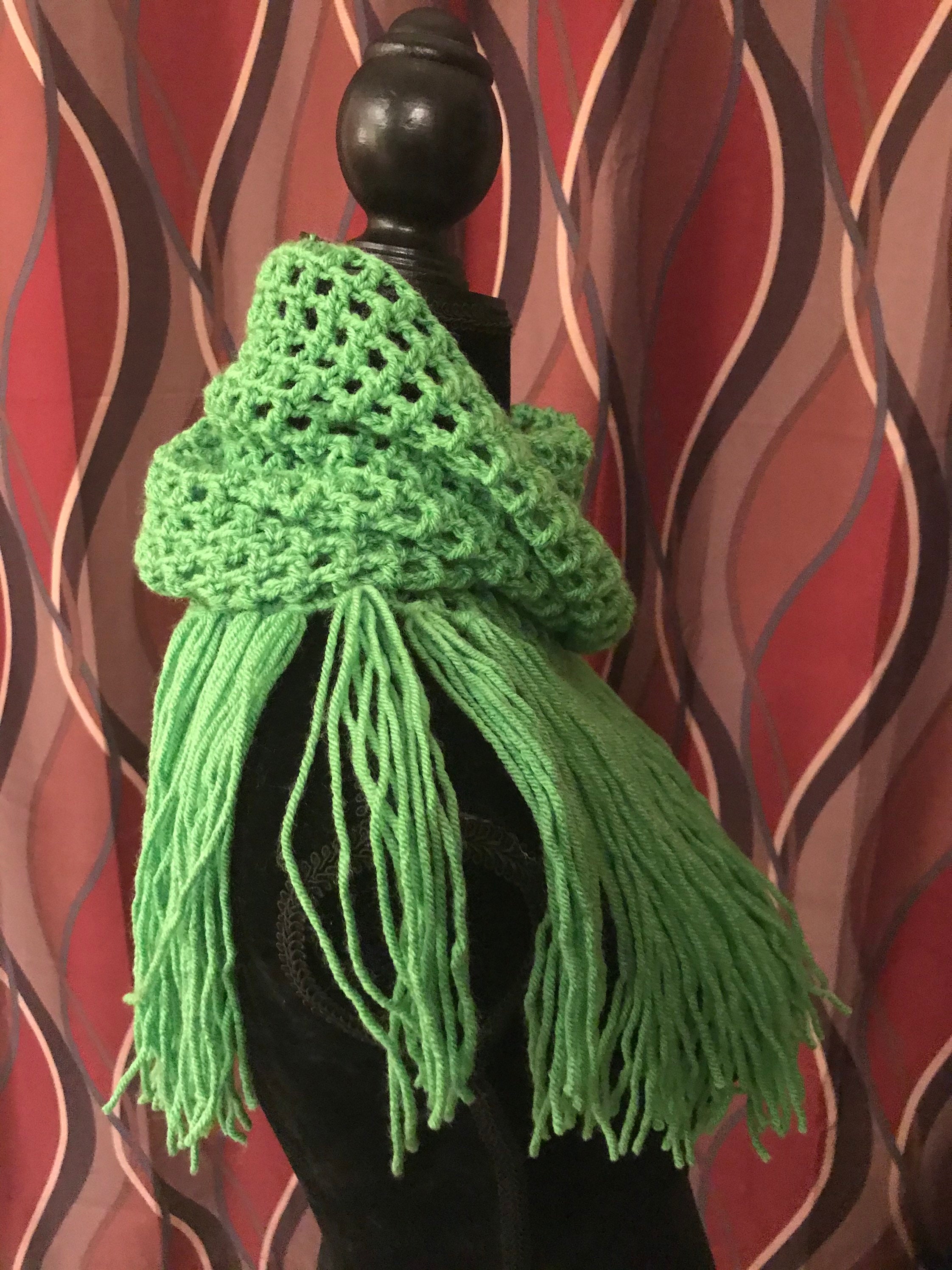 Crochet Cowl Neck Scarf With Fringe Green Etsy UK