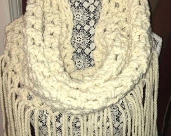 Crochet Cowl Neck Scarf with fringe - Off White