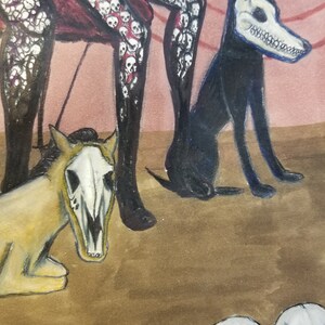 May include: Watercolor painting featuring a seated figure with skull-covered legs and a red garment. A black dog with a skull-like face sits nearby, along with a yellow horse with a skull-like face. Skulls are also present in the foreground.