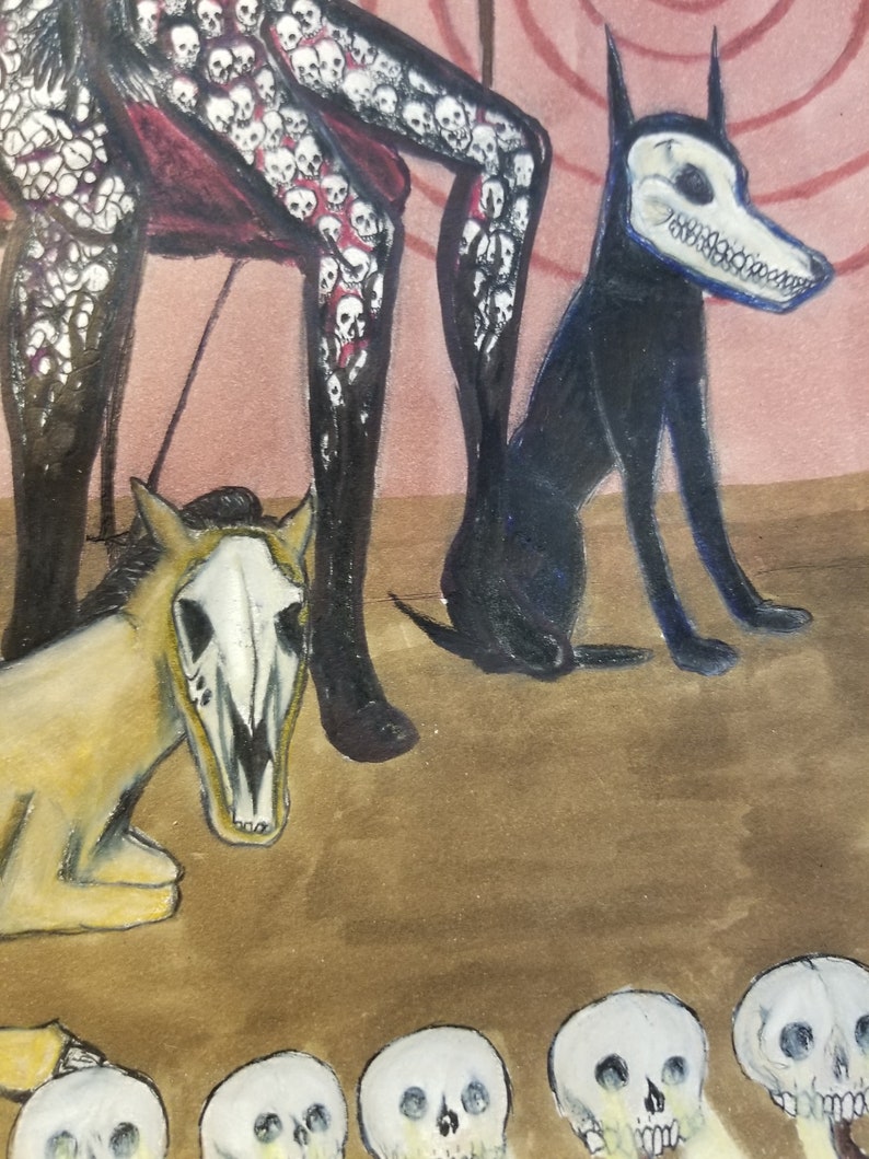 May include: Watercolor painting featuring a seated figure with skull-covered legs and a red garment. A black dog with a skull-like face sits nearby, along with a yellow horse with a skull-like face. Skulls are also present in the foreground.