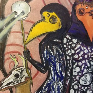 May include: Illustration of figures in plague doctor masks with long yellow beaks and dark cloaks. One figure holds a staff with a skull and a deer skull. The background is a swirl of pink and brown.
