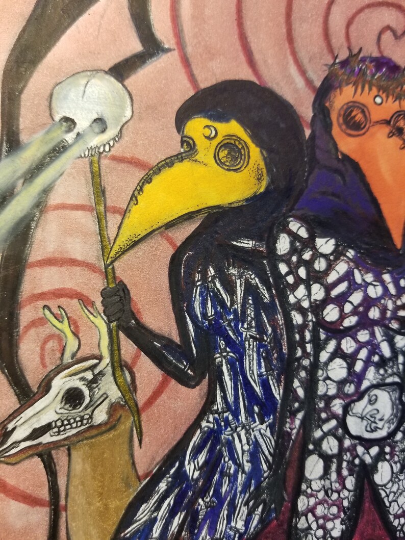 May include: Illustration of figures in plague doctor masks with long yellow beaks and dark cloaks. One figure holds a staff with a skull and a deer skull. The background is a swirl of pink and brown.