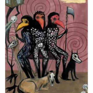May include: An illustration featuring three figures in black robes and bird-like masks, adorned with skull patterns. A dog and a horse with skull heads are also present. The background is a swirling red pattern with a small house and a red sun.