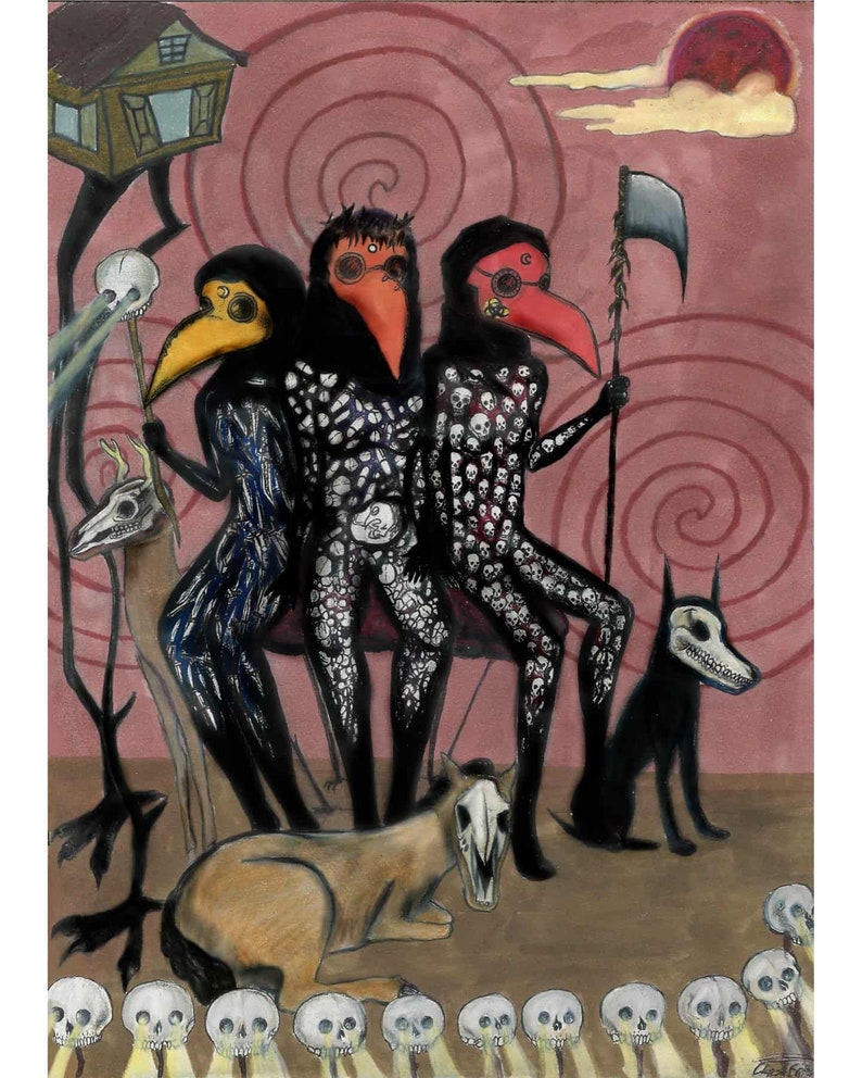May include: An illustration featuring three figures in black robes and bird-like masks, adorned with skull patterns. A dog and a horse with skull heads are also present. The background is a swirling red pattern with a small house and a red sun.