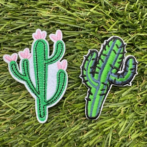 May include: Two embroidered cactus patches. One cactus is green with pink flowers and the other is green and blue with a striped pattern.